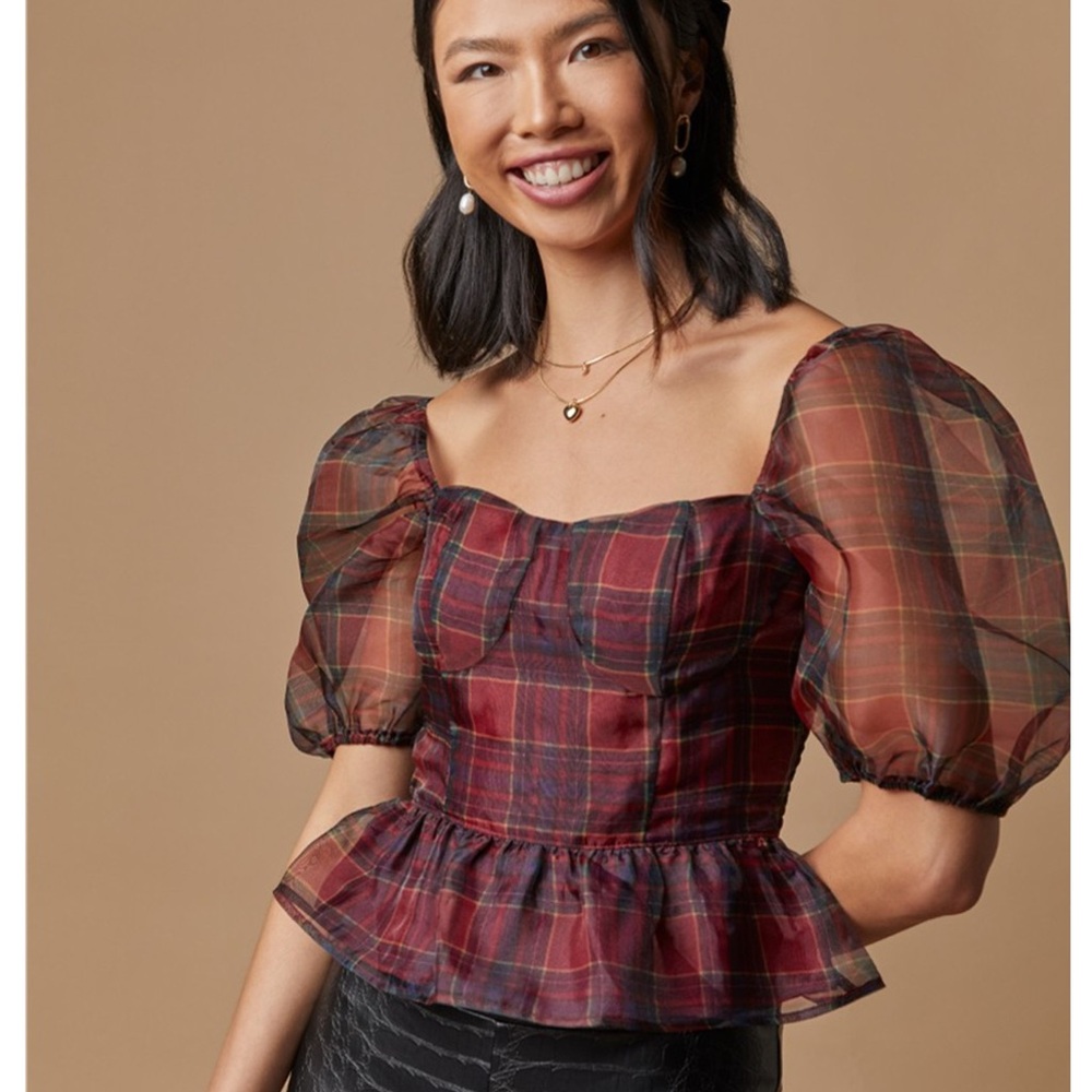 Plaid Puff Sleeve Top